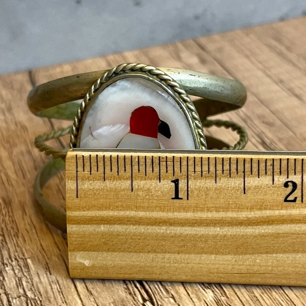Zuni Turquoise and Coral Inlaid Stone Sterling Silver Bird Cuff Bracelet
